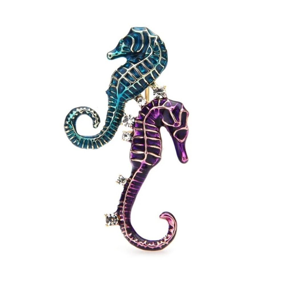 Jewelry pin brooch seahorse water ocean yellow gold tone blue purple crystals